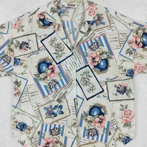 Vintage Caribou Womens Shirt Button Down Short Sleeve Floral Notched Collar XL - Picture 6 of 12